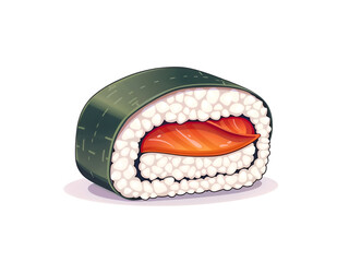 Salmon sushi roll with dark seaweed wrap and white rice in cartoon vector style. Generative AI