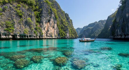 Obraz premium Boat in Turquoise Water Near Rocky Cliffs