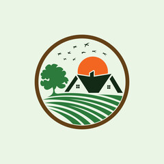 Farmhouse with Sunset and Field Logo Design