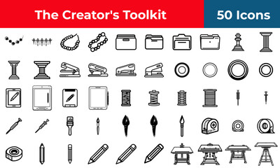 Art and craft icon set for creative design projects, a collection of outline symbols for painting, drawing, and school supplies.
