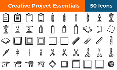 School and craft supply icon set for DIY projects and education, a collection of outline vector symbols for creative activities.
