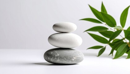 Harmonious arrangement of stacked stones complemented by vibrant green foliage