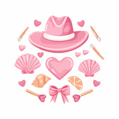 Set of y2k pink girly clipart. Cute cowboy hat, bow, heart, matches, shell, cup. Trendy coquette stickers. 2000s aesthetic. Funky vector elements for card, poster, collage design