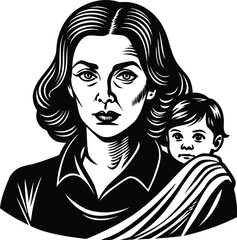 Woman holding baby in black and white vintage sketch portraying strength and protective motherly bond