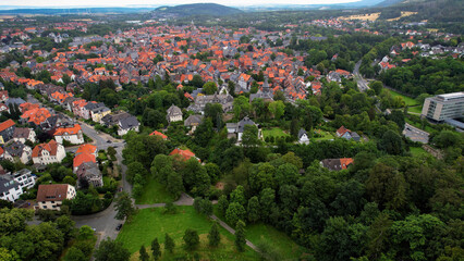 Aerial view around the old town in the city Goslar on an cloudy spring day in Germany