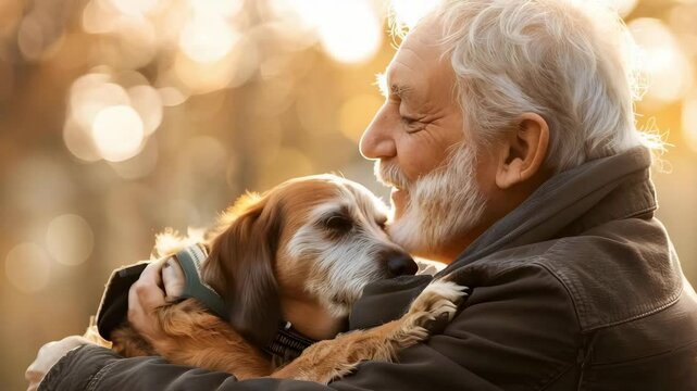 Elderly man hugging dog outdoors with warm sunlight, showing affection, companionship, and strong bond between pet and owner in natural setting