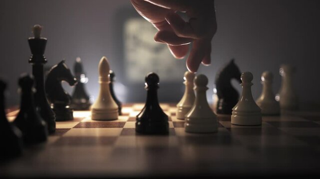 Timelaps. Fast move a chess pieces on chessboard with white clock on background