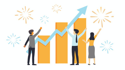 Fototapeta premium Business team celebrating financial growth with upward arrow and bar graph illustration success concept