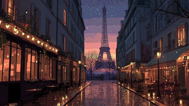 A picturesque Parisian street at twilight, reflecting the Eiffel Tower in a wet cobblestone road, lined with warm-lit cafes and buildings, under a starry night sky