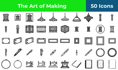 Art and craft icon set for industrial and vintage design, a collection of outline symbols for sewing, writing, and workshop tools.
