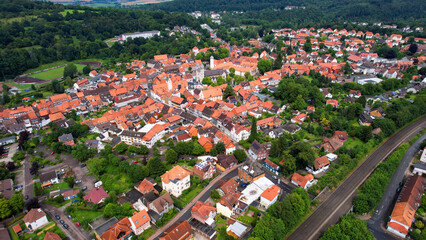 Aerial view around the old town in the city Bad Gandersheim  on an cloudy spring day in Germany
