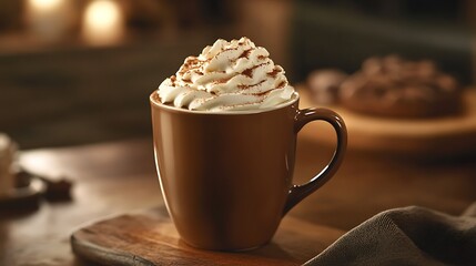 A creamy mocha latte in a cup, topped with whipped cream, with a cozy setting and room for text