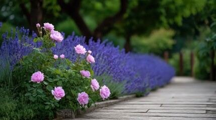 Obraz premium Serene Pathway Through Vibrant Lavender and Pink Roses in Lush Green Garden Setting with Soft Natural Light