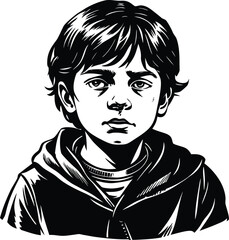 Stylized ink portrait of a boy with deep gaze and serious expression in graphic monochrome design