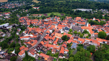 Aerial view around the old town in the city Bad Gandersheim  on an cloudy spring day in Germany