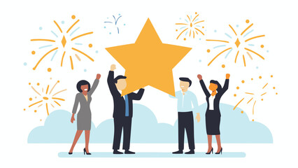 Illustration of four people celebrating with a large star and fireworks in the background with clouds