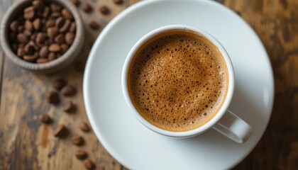 Obraz premium Aromatic espresso with rich crema and scattered coffee beans