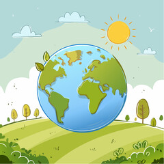Simple vector doodle icon of Earth. Alternative energy, nature protection, zero waste, trash recycle, green technology concept illustrated in child sketch style. Save planet, go green