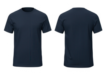 A navy blue tshirt is displayed from the front and back on a transparent background