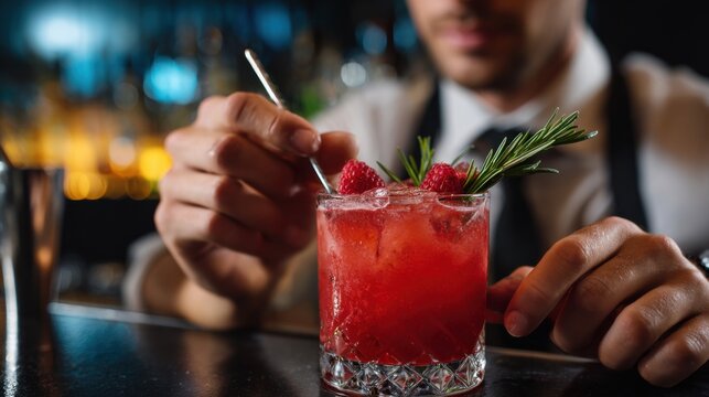 Mixing refreshing cocktails bar counter beverage preparation nightlife close-up bartending skills