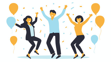 Illustration of three people celebrating with balloons and confetti in a joyful atmosphere scene