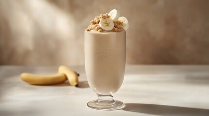 A creamy peanut butter banana smoothie in a clear glass, garnished with banana slices, in a health-focused setting with empty space for text