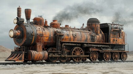Obraz premium Rusty Relic: A Post-Apocalyptic Steam Locomotive