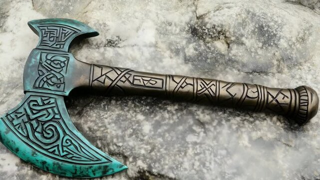 A decorative axe featuring intricate engravings is shown resting on a stone surface, highlighting its craftsmanship and design