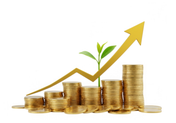 An upward trending arrow and a growing plant symbolize financial growth and successful investment strategies isolated on transparent background