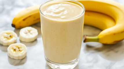 A creamy peanut butter banana smoothie in a clear glass, garnished with banana slices, in a health-focused setting with empty space for text