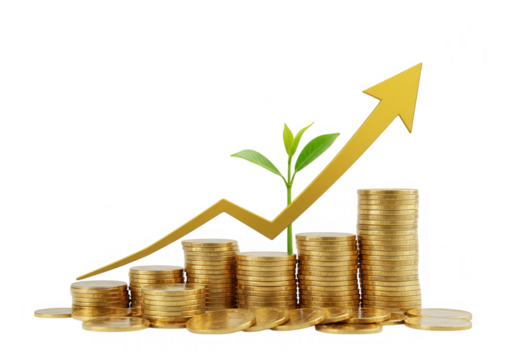 An upward trending arrow and a growing plant symbolize financial growth and successful investment strategies isolated on transparent background