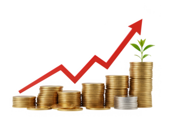 Stacks of gold coins with a rising arrow and a small plant represent financial growth isolated on transparent background