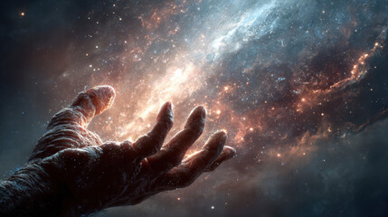 A Giant Hand Reaching into a Vibrant Nebula of Orange, Blue and Brown Stars