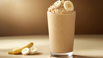 A creamy peanut butter banana smoothie in a clear glass, garnished with banana slices, in a health-focused setting with empty space for text