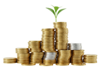 Stacks of gold and silver coins with a small plant represent financial investment and growth isolated on transparent background