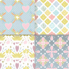 Set of y2k seamless vector patterns with hearts, thorns, flowers, checkered and psychedelic shapes. Glamour backgrounds for card, poster, banner design. Girly templates. Trendy covers in pastel ...