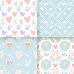 Set of y2k seamless vector patterns with hearts, thorns, flowers, checkered and psychedelic shapes. Glamour backgrounds for card, poster, banner design. Girly templates. Trendy covers in pastel ...