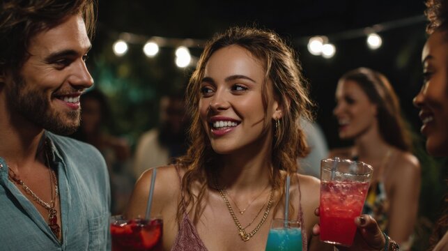 Summer party vibes tropical garden social gathering nighttime upbeat atmosphere friends enjoying colorful cocktails - Powered by Adobe