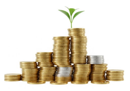 Stacks of gold and silver coins with a small plant represent financial investment and growth isolated on transparent background - Powered by Adobe