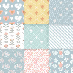 Set of y2k seamless vector patterns with hearts, thorns, flowers, checkered and psychedelic shapes. Glamour backgrounds for card, poster, banner design. Girly templates. Trendy covers in pastel ...