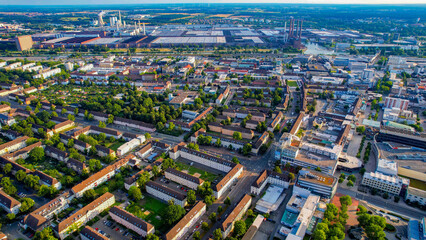 Aerial view around the downtown of the city Wolfsburg on an sunny spring day	
