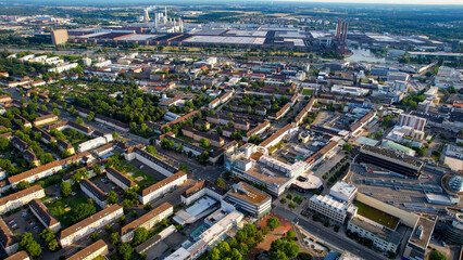 Aerial view around the downtown of the city Wolfsburg on an sunny spring day	
