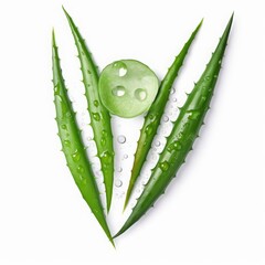 Naklejka premium Flatlay (top view) of Aloe vera cutting leaves with sliced and water drops isolated on white background 