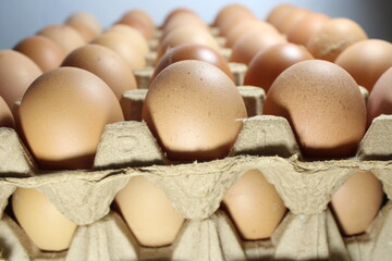 fresh brown chicken eggs perfectly filling in rustic cardboard carton