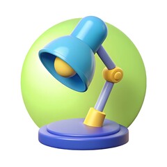 A charming 3d illustration of a blue desk lamp with a yellow bulb and purple arm isolated on white background