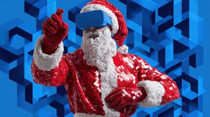 Santa Claus in red and white outfit wearing a virtual reality headset against a white background.