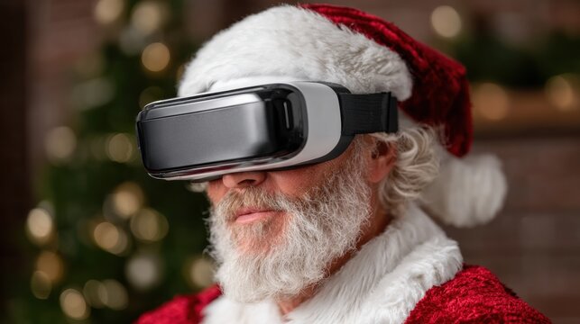 Santa Claus wearing a virtual reality headset, smiling and facing the camera on a white background.