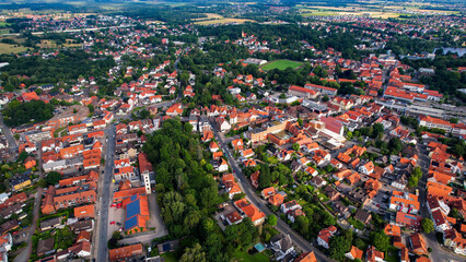 Aerial view around the old town in the city Gifhorn on an sunny spring afternoon in Germany	