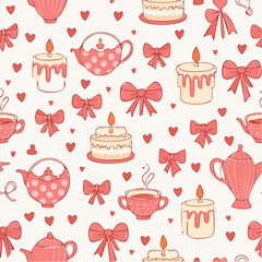 Seamless vector pattern with coquette vintage bows, ribbons, candles, cake, cup, teapot. Whimsical line art background for wedding invitation, valentine day card, poster, wallpaper design