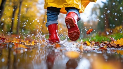 Child in red boots and yellow poncho jumping on a rainy autumn forest path creating a dynamic and joyful scene